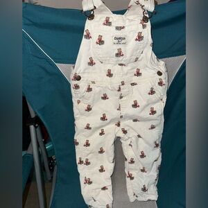 OshKosh B'gosh Cream Corduroy Overalls with Red & Brown Bear Print